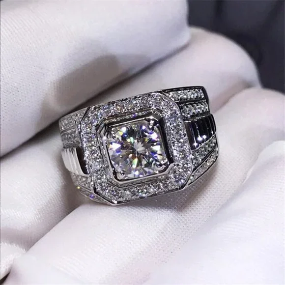 NEW Men Silver Square Diamond Wide Band Ring *