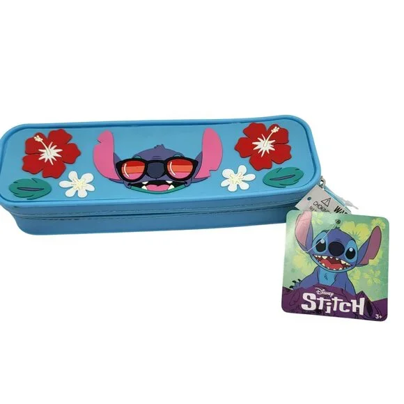 Disney Stitch Pencil Case Box With Zipper Closure & Flower Design Blue
