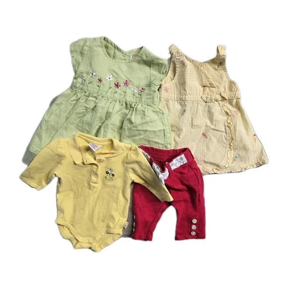 Gymboree Vintage Girls Dress Green Linen 3-6 Months Lot Of 4