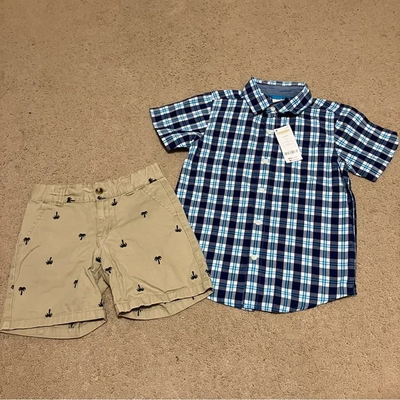Gymboree Boys Sz‎ 5 NWT Short Sleeved Plaid Button Up Shirt & Khaki Shorts