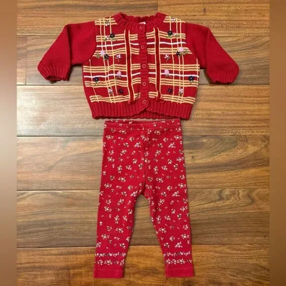 Gymboree vintage y2k 2001 red floral cardigan sweater and leggings set