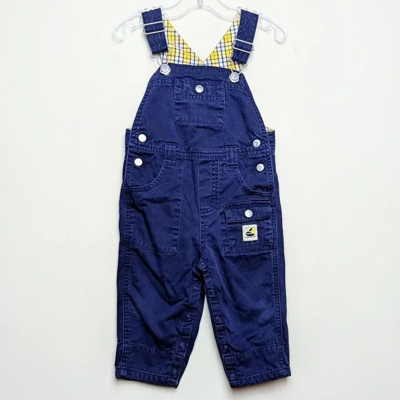 Vintage Gymboree Sailboat 2002 Boat Navy Plaid Lined Overalls Y2K 12-18 Months