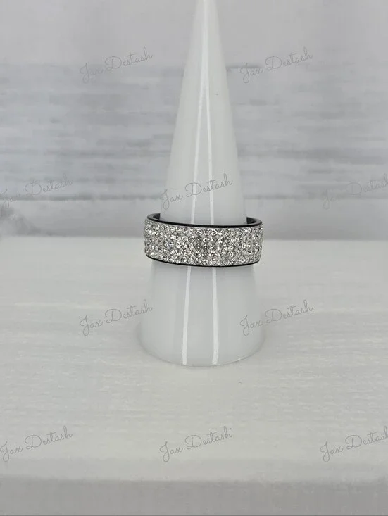 Stainless Steel Crystal Pavé Silver-Tone Wide Band Ring