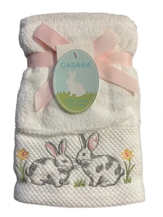 Casaba Cotton Bunny-&-Floral Embroidered Hand Towels Set | Kitchen & Bath