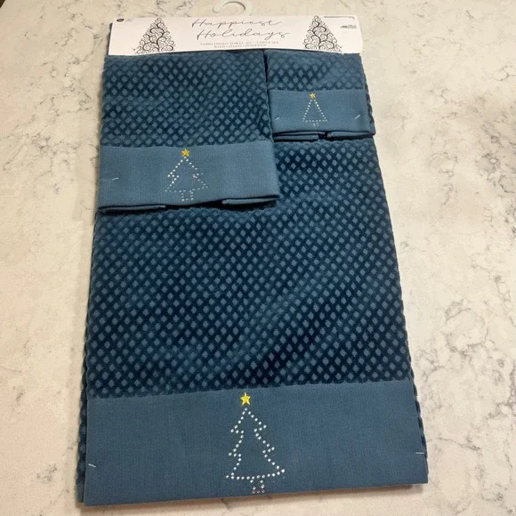 Holiday‎ Embellished Towel Set NWT Teal Blue Textured Cotton Gem Christmas Trees