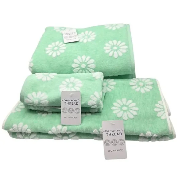 Common Thread Eco Melange White Daisy Mint Green Zero Twist Cotton Towel Set 6pc