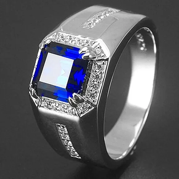 🆕 Men's Micro Pave 3.00ctw. Sapphire and Diamond Ring 18K White Gold Pltd 🆕