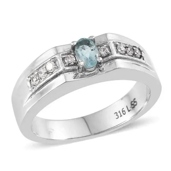 Madagascar Paraiba Apatite Simulated Diamond Stainless Steel Ring Size 14
