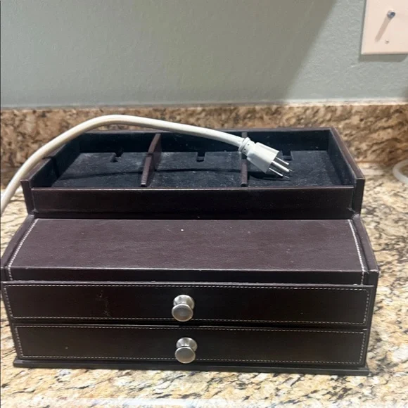 Brown Men's Leather Valet Organizer with Drawers also can charge phones etc