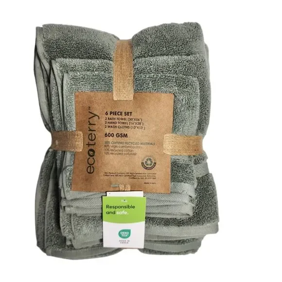 Ecoterry 6pc Dusty‎ Green Bath Towel Set 2 Bath 2 Hand 2 Washcloths