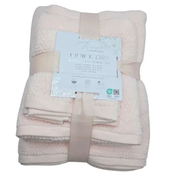 Revive Luxury Bath 6pc Pink Cotton Towel Set Zero Twist 2Bath 2Hand 2Washcloths‎