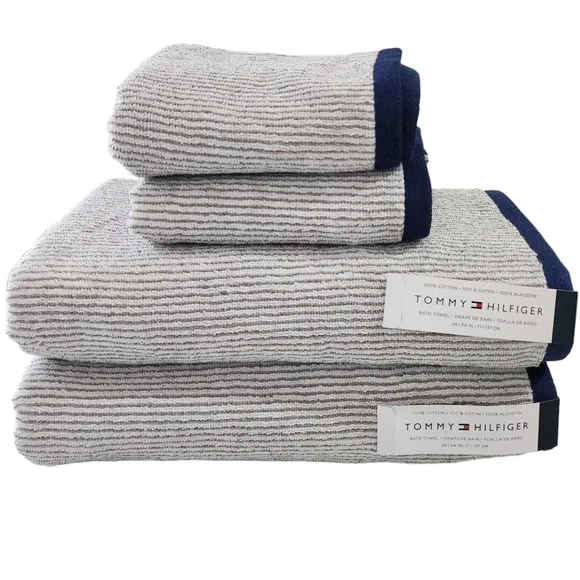Tommy Hilfiger 4pc Striped Soft Cotton Towel Set White Navy Gray 2‎ Bath 2 Hand