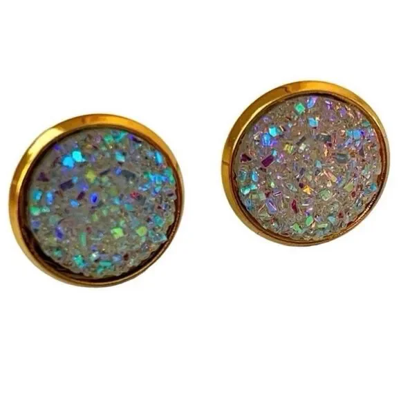 Men’s Iridescent Prism Crystal Stud Earrings Gold Tone