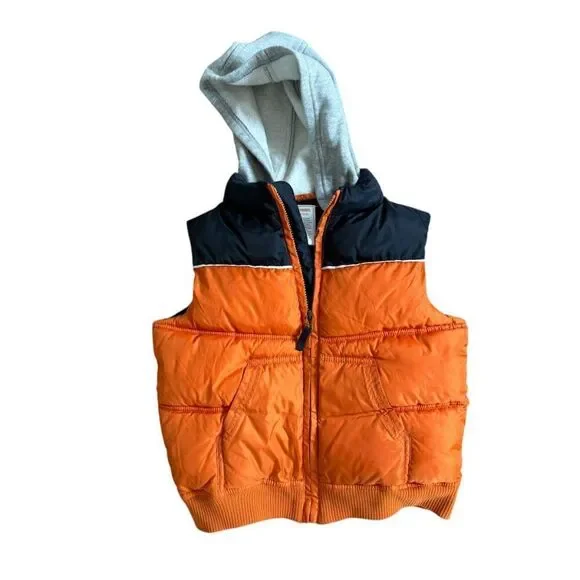 Gymboree Puffer Vest Boys Size Small 5 6 Orange Blue Gray Hooded Zip