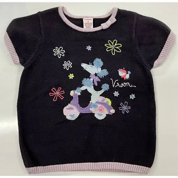 Girl's Gymboree Short Sleeve Sweater Sz 6 Navy Lilac Trim Embroidery Sequins