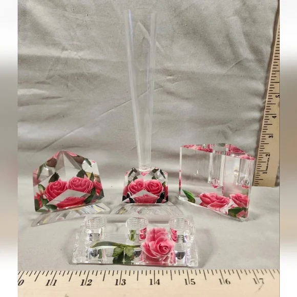 Vintage Bircraft Lucite/Rose Dresser Set Vase Lipstick Pen Holders Paperweight