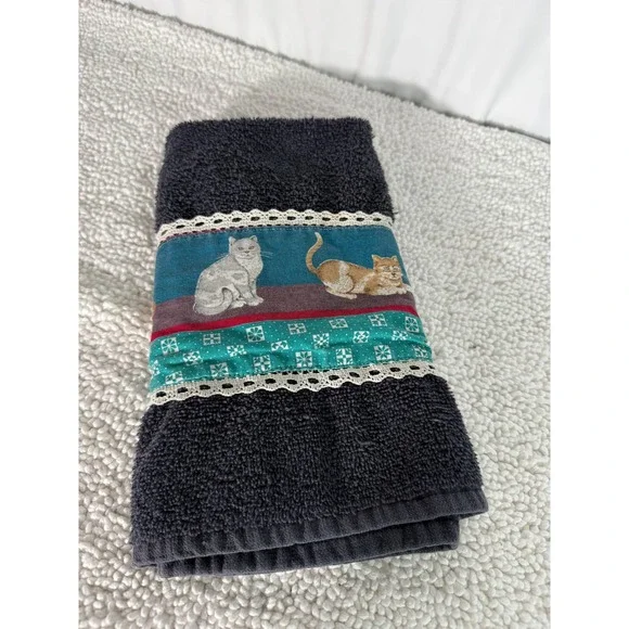 Stevens Dark Blue Hand Towel with Adorable Cat Print‎ Trim Lace Accent