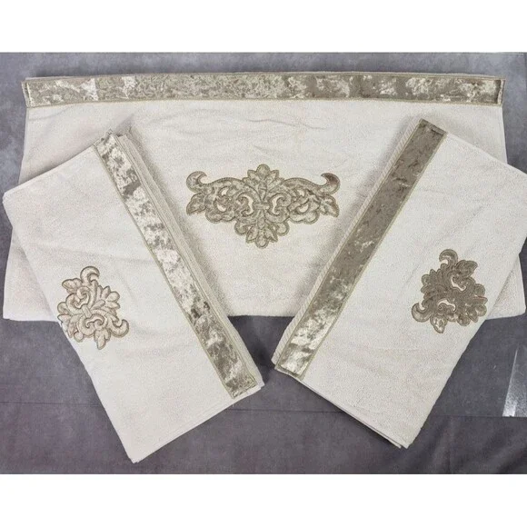 Linum Home 3 Pc Bath Towel Set Beige Turkish Cotton May Embellished