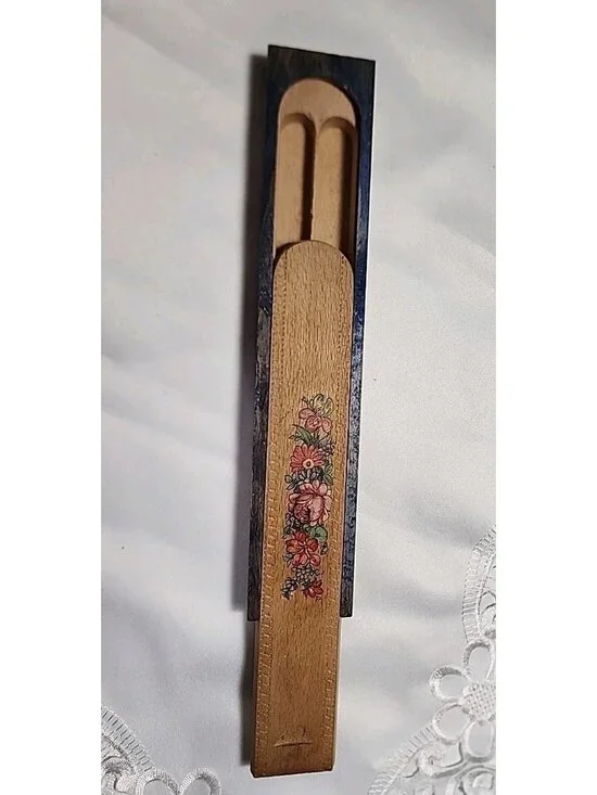 VTG German Wooden Pencil Box Sliding Lid Office Desk Decor Floral Cottagecore
