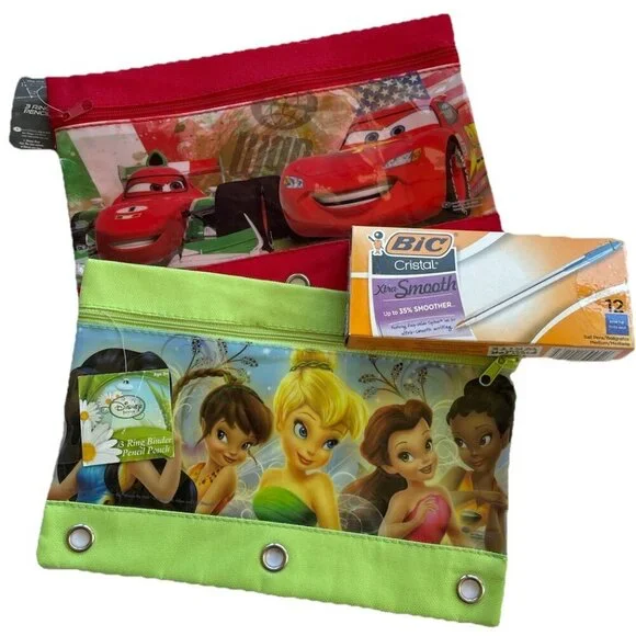 Disney 3 Ring Binder Pencil Pouch Set CARS FAIRIES + Box of Pens