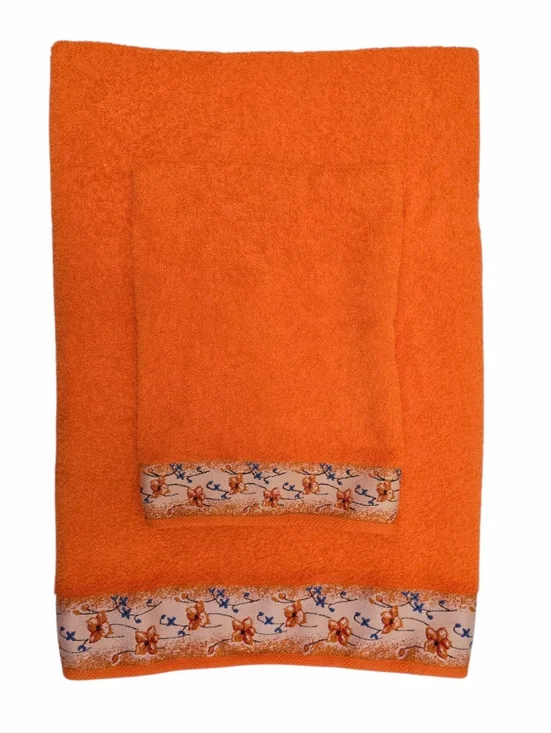 Vintage Döhler 2pc Bath Towel Set Orange Made in Brazil Floral Woven Trim Dohler