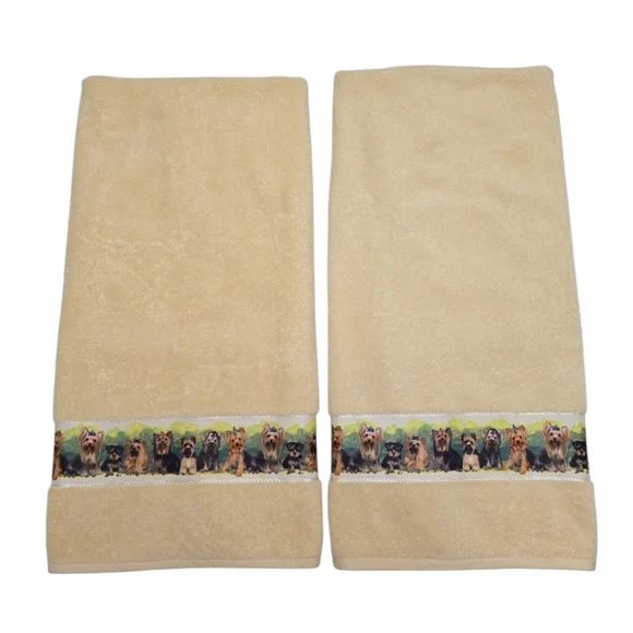 Vtg Danbury Mint Yorkshire Terrier Bath Towels Set of 2 100% Cotton Yorkie Dogs