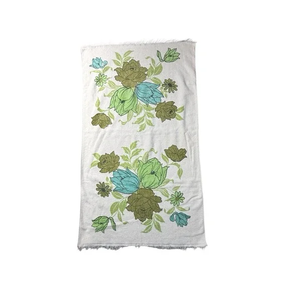 Vtg 60-70s Bath Towel Teal Chartreuse Brown Roses Floral Fringe MCM Mod Retro