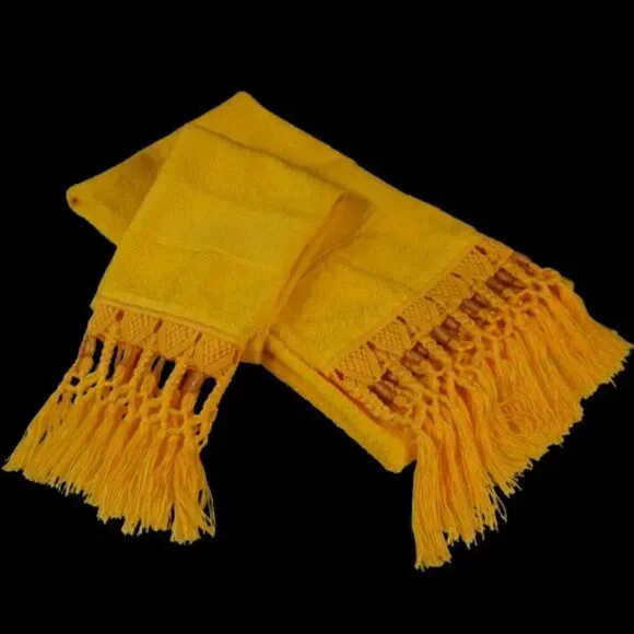 Karisma Bath Towel And Hand Towel Set Yellow Macrame Fringed Tassel Beads
