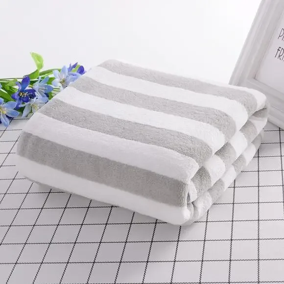 NEW Gray White Striped Plush Bath Towel Soft Cozy Spa Pool Beach Style Oversized