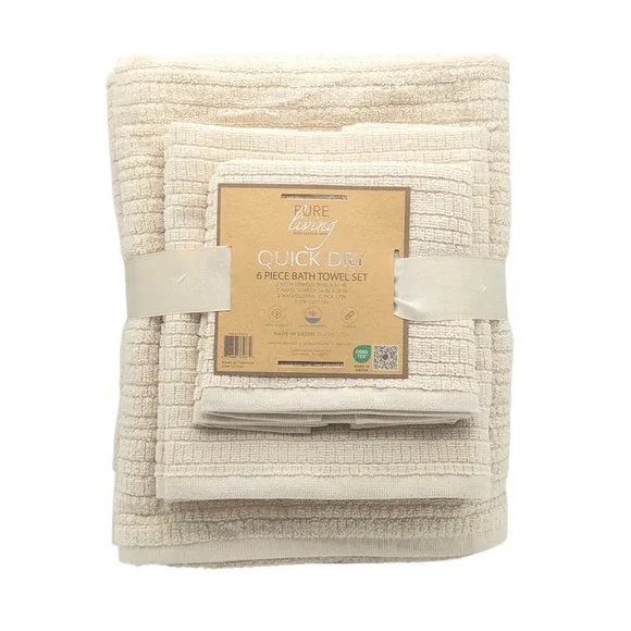 Pure Living 6pc Ecru Raised Cotton Bath Towel Set 2 Bath 2 Hand 2 Washcloths