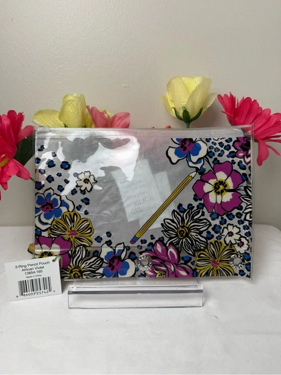 NWT Vera Bradley African Violet 3 Ring Pencil Pouch Retired Pattern Clear Case