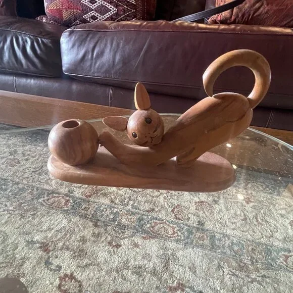 Mid Century Italian Wooden Cat with Ball Pen Holder