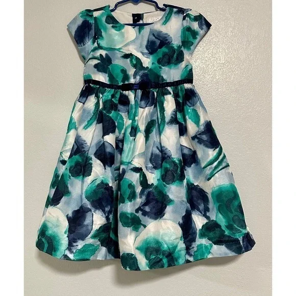 Gymboree Floral Party Dress Kids 5T Teal Navy Excellent‎ Watercolor Satin Bow