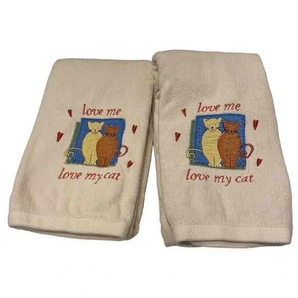 Velour Cream Bath Towels with Embroidered Cats “love me. love my cat - Vintage