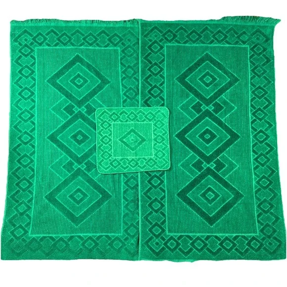 Vintage Dundee Green Fringed Towel Set 2 Bath & 1‎ Washcloth Texture 100% Cotton