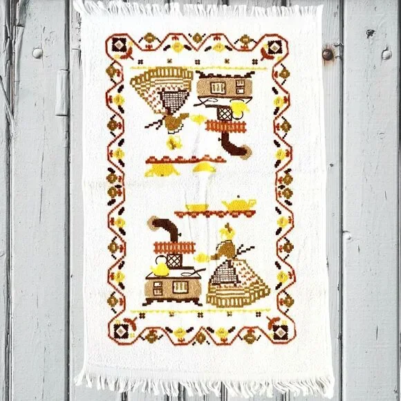 Vintage Retro 70's Dish Towel Boho Farmhouse Shabby Colonial‎ Flowers 16