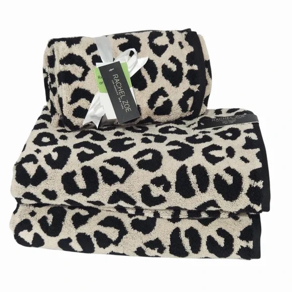 Rachel Zoe 4pc Leopard Cheetah Print Cotton Towel Set 2 Bath 2 Hand Black Tan