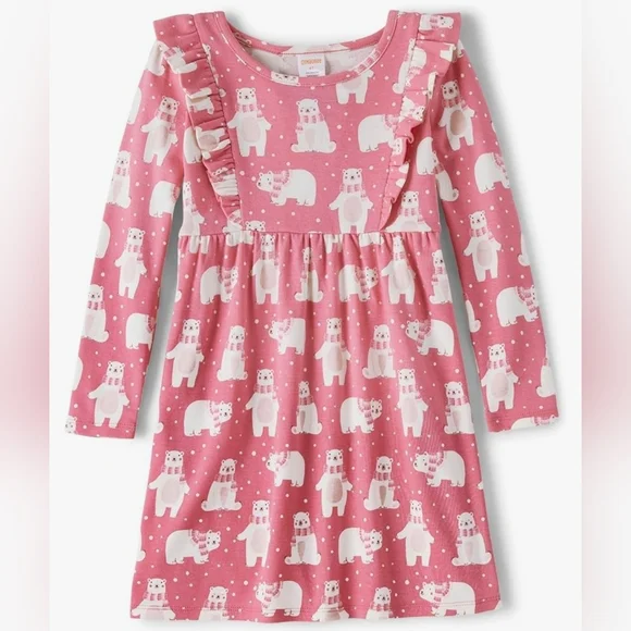 Gymboree Dress Pink Bear Print Long Sleeve Ruffle Stretch Cotton Sz 18-24mo NEW