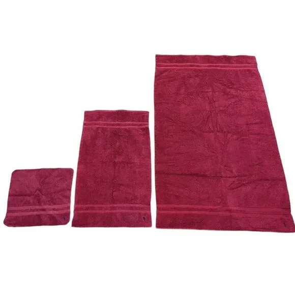Vintage 1990s Ralph Lauren Red Cotton Towel Set 3 Bath Body Hand Washcloth USA