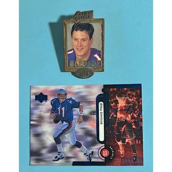 1998 UD Patriots Drew Bledsoe Constant Threat card #Ct-11 & '94 AP 3-D Photo Pin