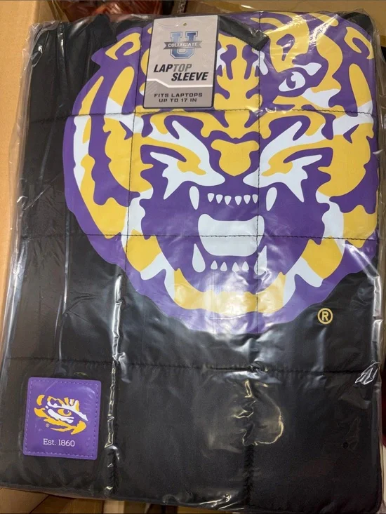 5/$10 Collegiate Laptop Sleeve - Black with Purple & Gold Tiger Design