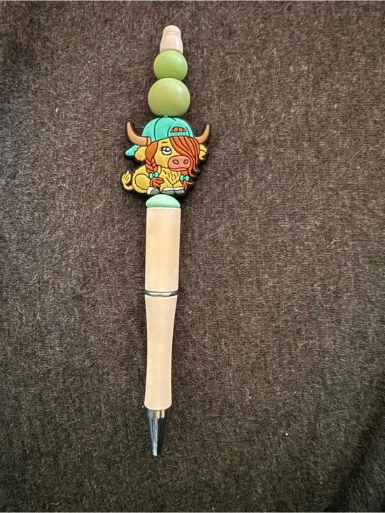 Cute Cow Character Beaded Pen in Green and Cream