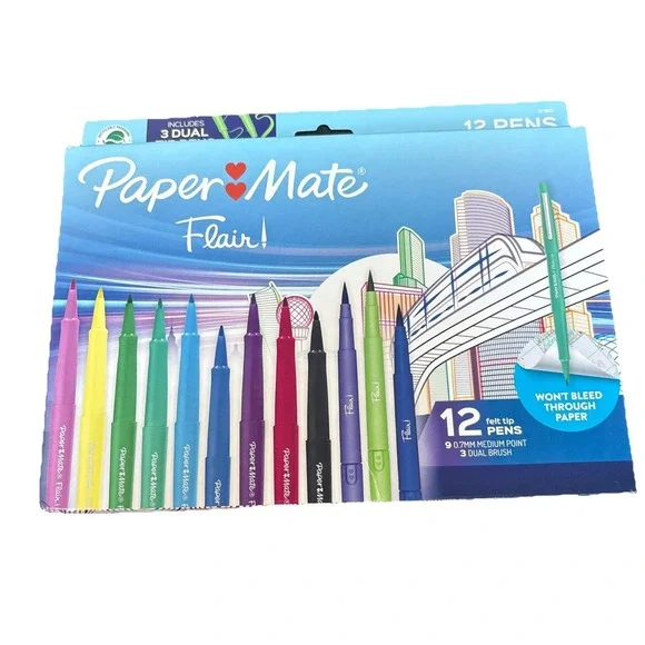 New Paper Mate Flair Felt Tip‎ Pens 12 Count Vibrant Assorted Colors 12-pack