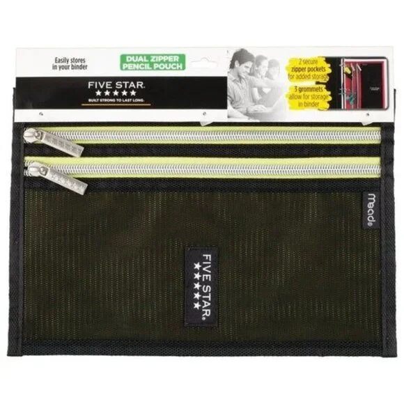Five Star Dual Zipper Pencil Pouch - 3 Grommet Holes - Fits Binder - Green & Bla