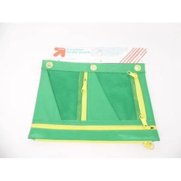 Up & Up Green Binder Pencil Pouch With Yellow Zippers & Mesh Pockets 3-Ring Hole