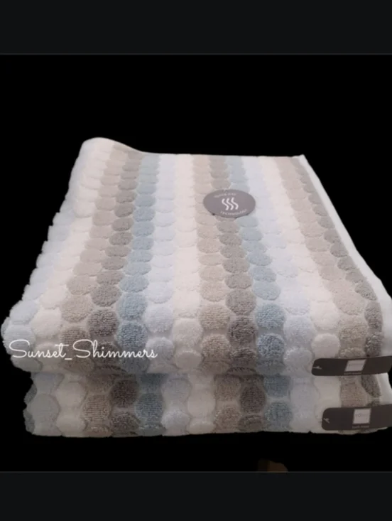 2 Piece Soho Living Bath Towel Set Striped Dot Blue Dark Gray White New
