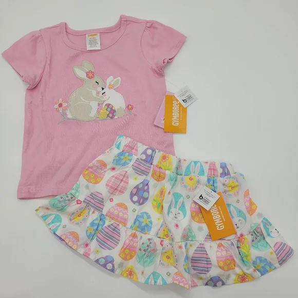 Gymboree Outfit Pink Bunny Tee Colorful Egg Skirt Embroidered Size 12-18mo NEW