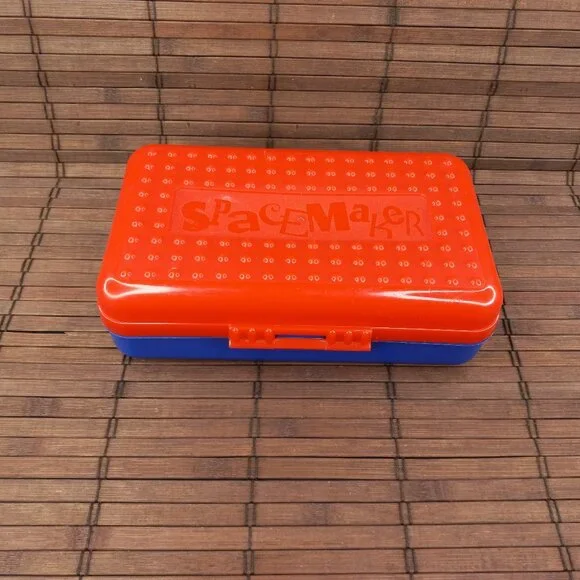 SpaceMaker Vintage 90s Pencil School Box Red Blue Art Craft Office Hard Plastic