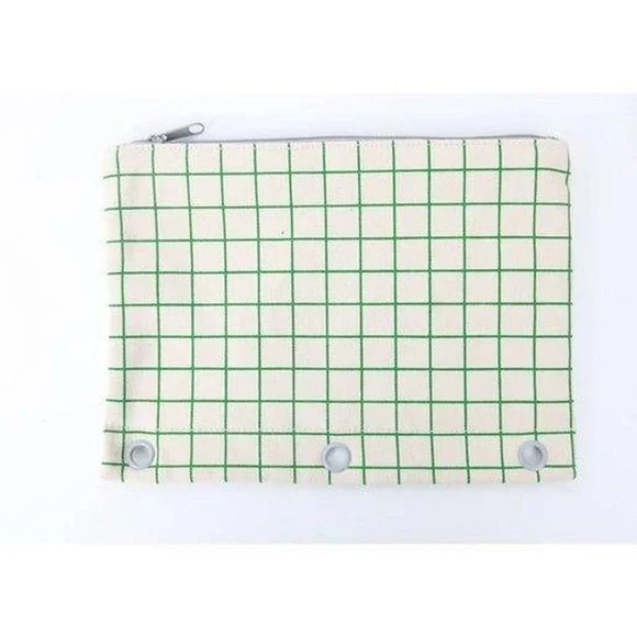 Grid Pattern Canvas Pencil Pouch With Zipper & Grommets For School Or Office Sup
