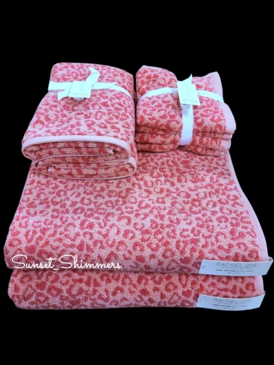 8pc Rachel Zoe Pink Leopard Cheetah Animal Print Bath Hand Washcloth Towel Set